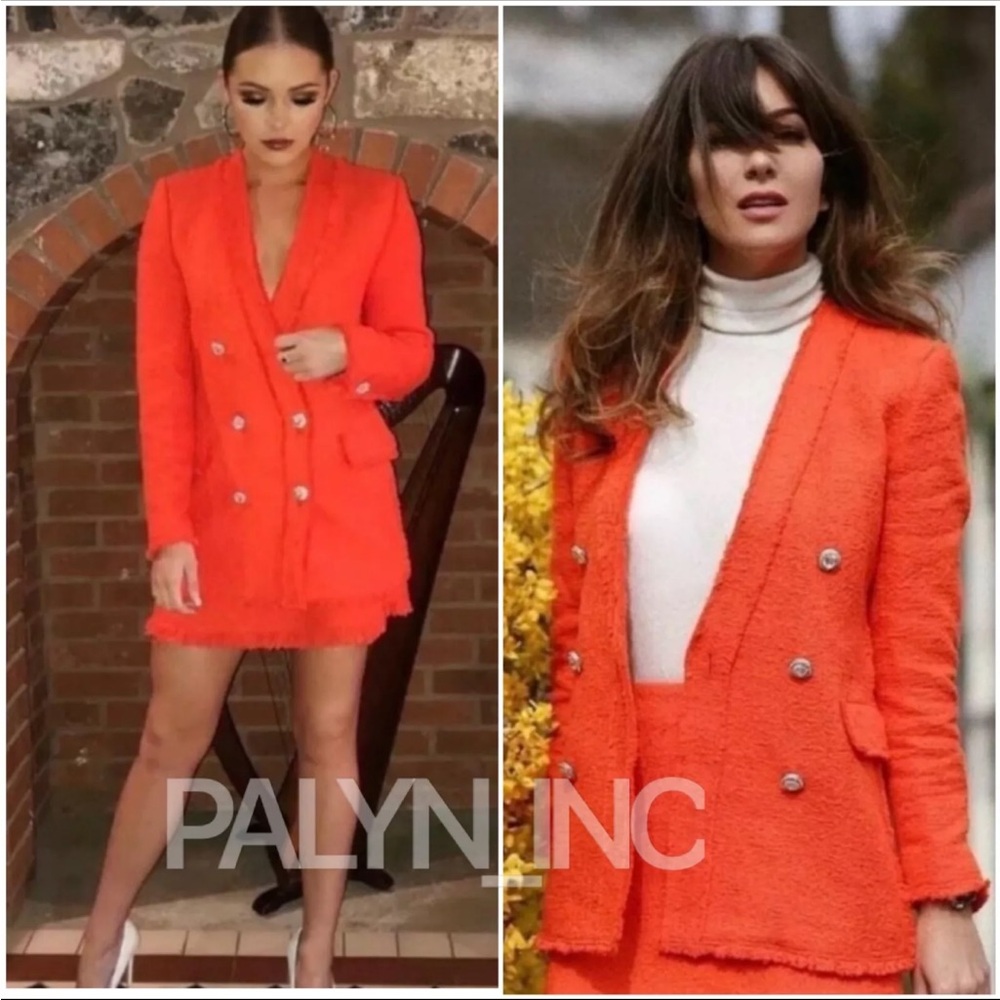 Zara Tweed Weave Jeweled Buttons Blazer Jacket Orange Size XS NEW